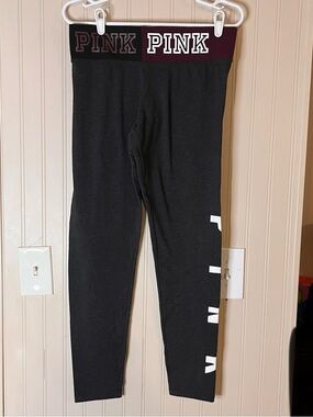 VICTORIA'S SECRET PINK YOGA LEGGING WOMENS L BLACK BURGUNDY WAISTBAND